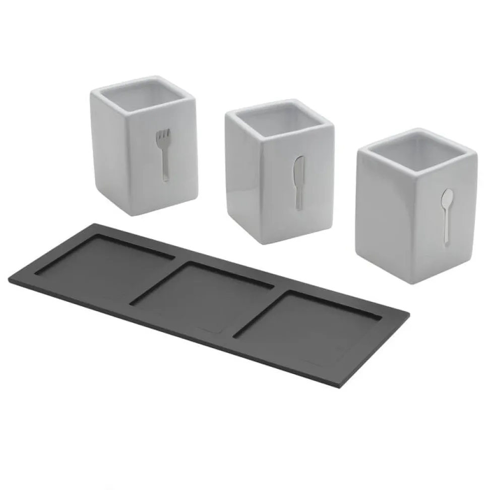 3 Piece Flatware Caddy with Wood Tray
