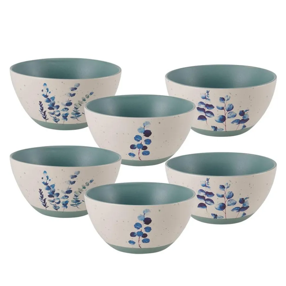 Floral Blue Set of 6 Soup Cereal Bowls, Assorted