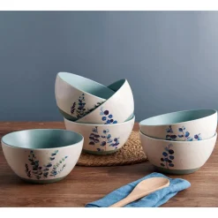 Floral Blue Set of 6 Soup Cereal Bowls, Assorted