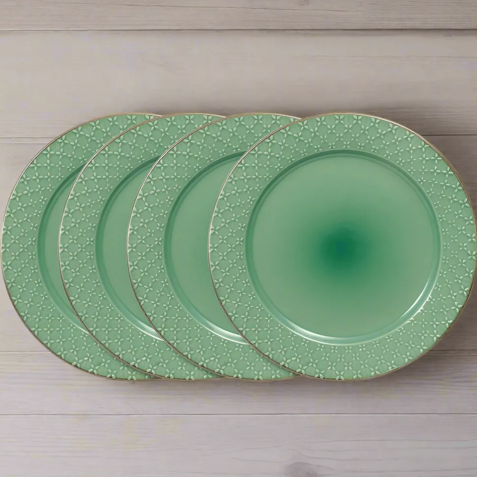 French Lace Set of 4 Green Dinner Plates