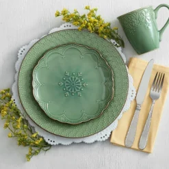 French Lace Set of 4 Green Dinner Plates