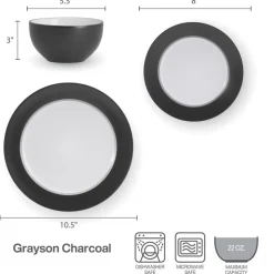 Grayson Charcoal 12 Piece Dinnerware Set, Service for 4