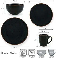 Hunter Black 16 Piece Dinnerware Set, Service for 4