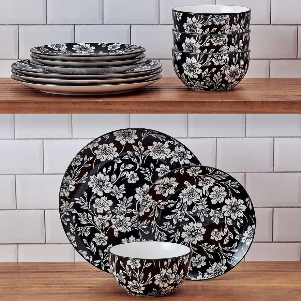 Midnight Blooms 12 Piece Dinnerware Set, Service for 4