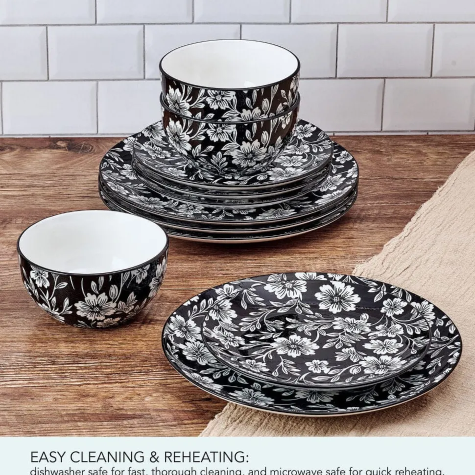 Midnight Blooms 12 Piece Dinnerware Set, Service for 4