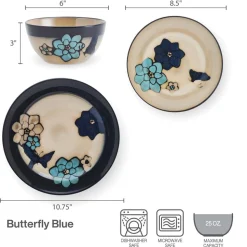 Painted Butterfly Blue 12 Piece Dinnerware Set, Service for 4