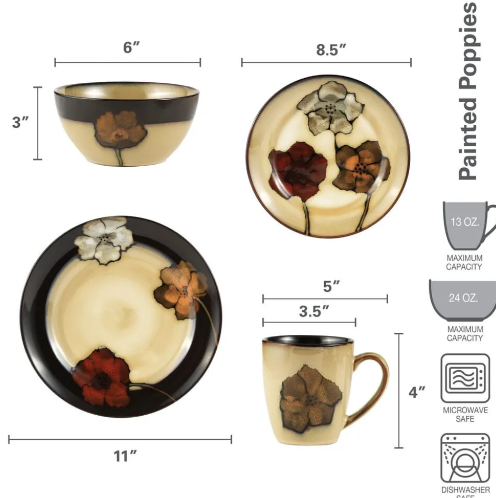 Painted Poppies 16 Piece Dinnerware Set, Service for 4