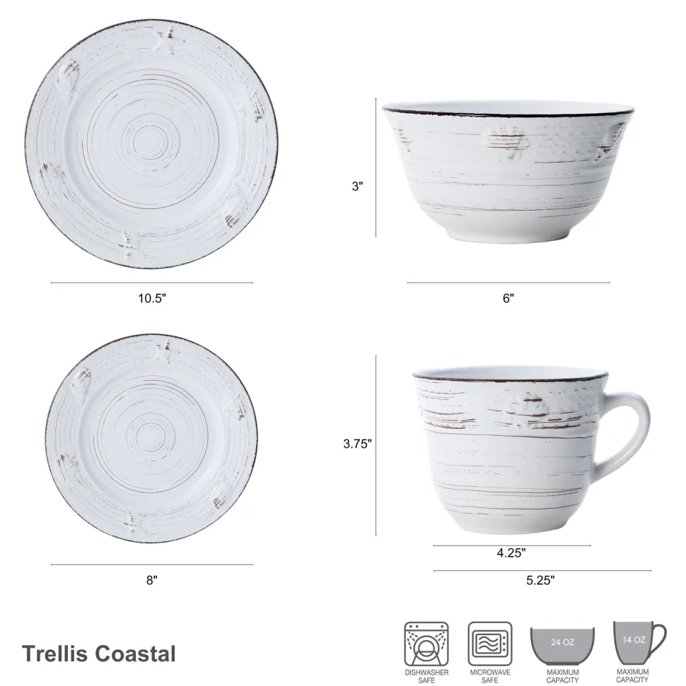 Trellis Coastal White 16 Piece Dinnerware Set, Service for 4