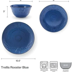Trellis Rooster Blue 12 Piece Set, Service for 4